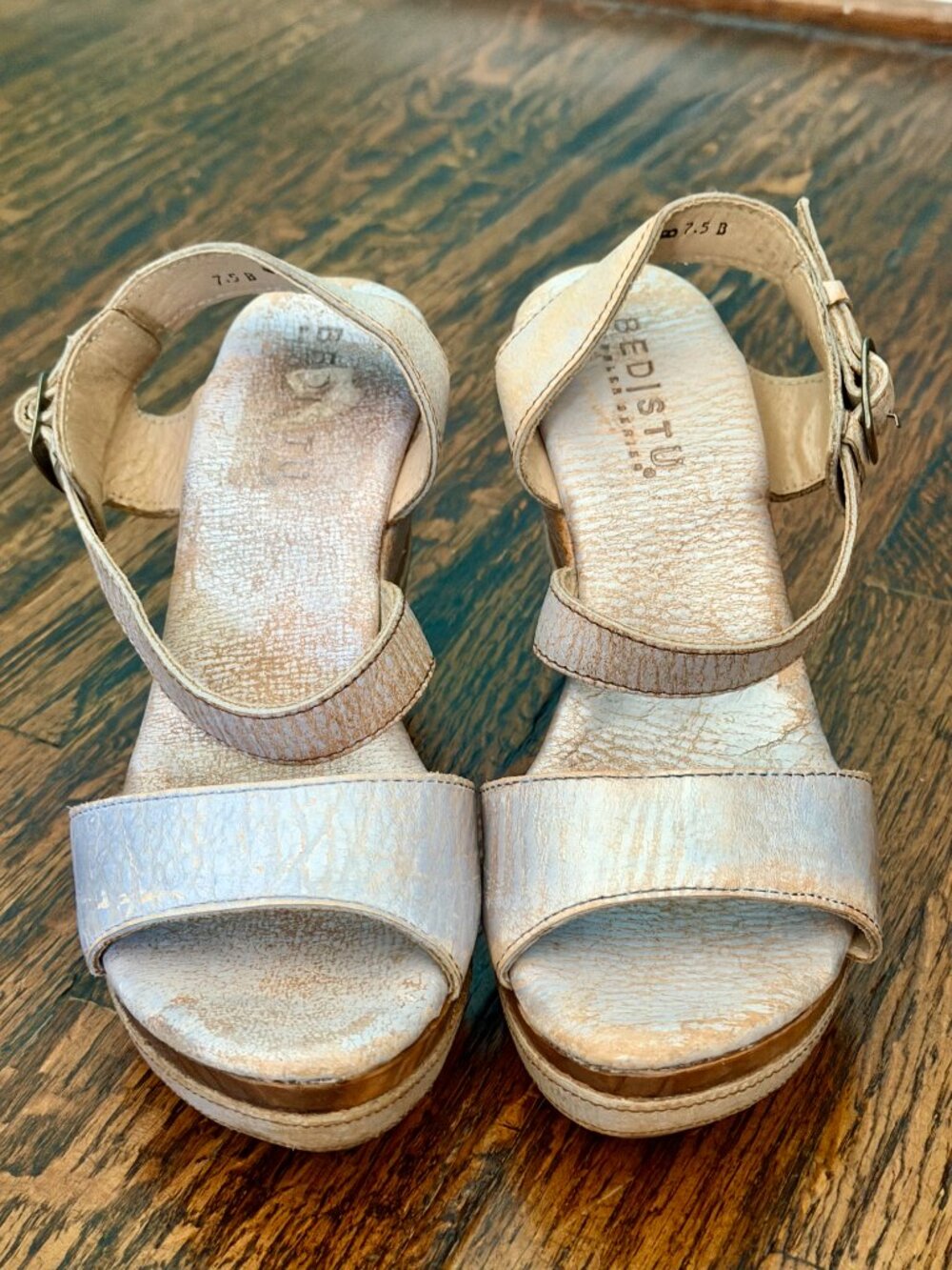 Bed Stu Silver Lux Metallic Leather Platform Wedge Sandals 7.5 - Picture 7 of 16